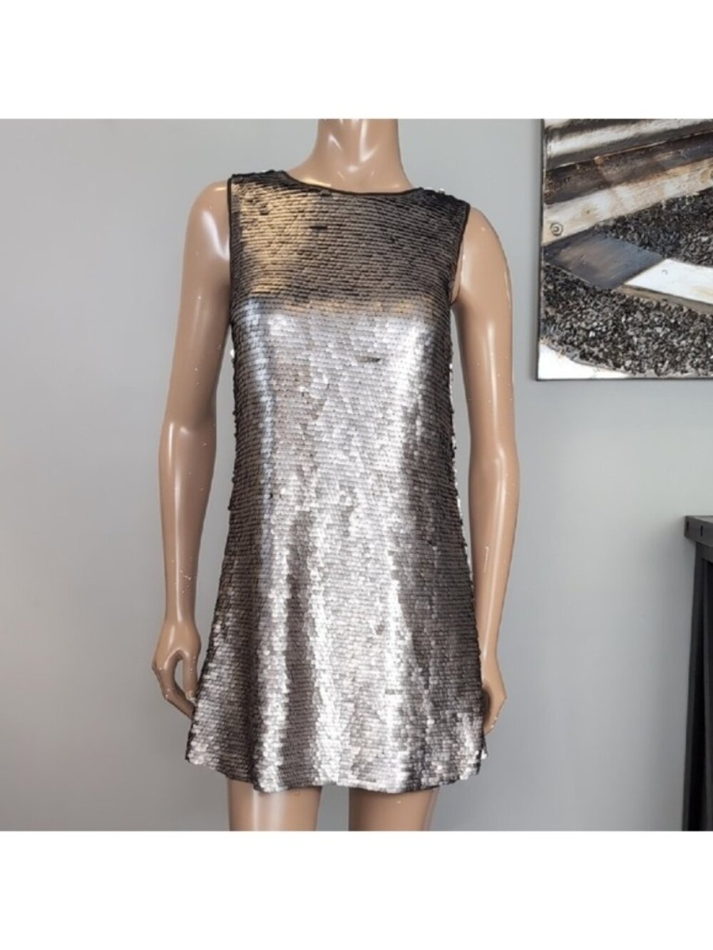 Zara Metallic Silver Sequin Mini Dress Womens Size Medium Sleeveless Shift Party - Picture 3 of 14